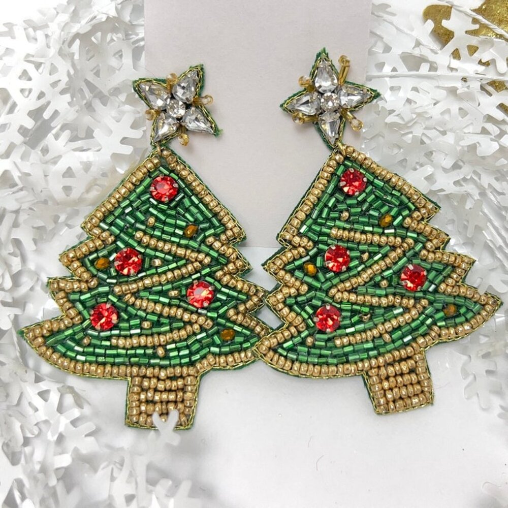 Handmade Beaded Earring, Tree Green & Gold